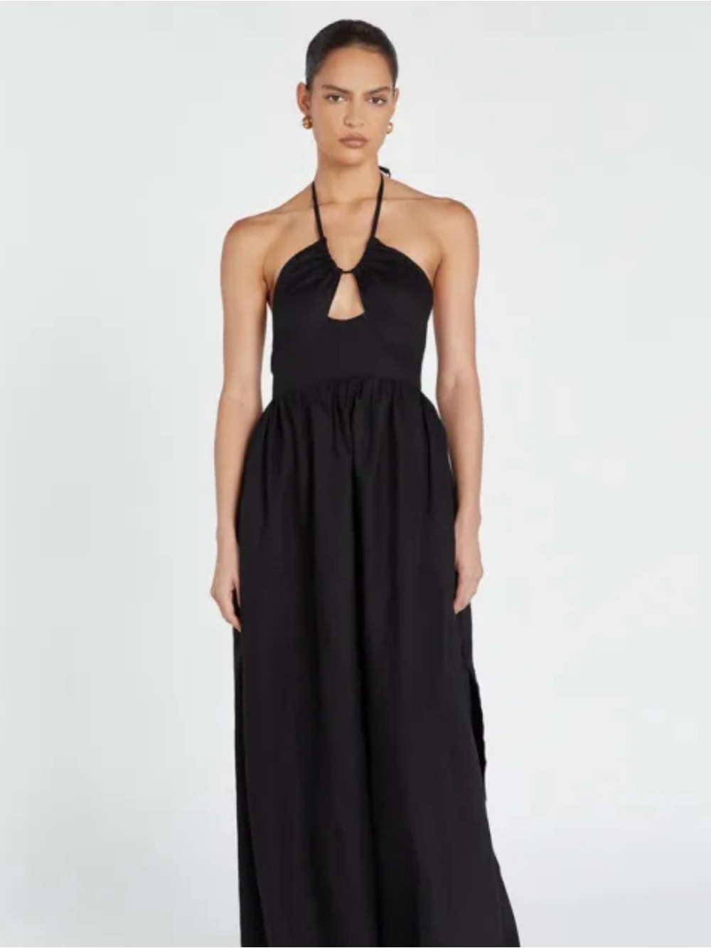 DISSH Alyssa Black Halter Linen Maxi Dress with Front Keyhole